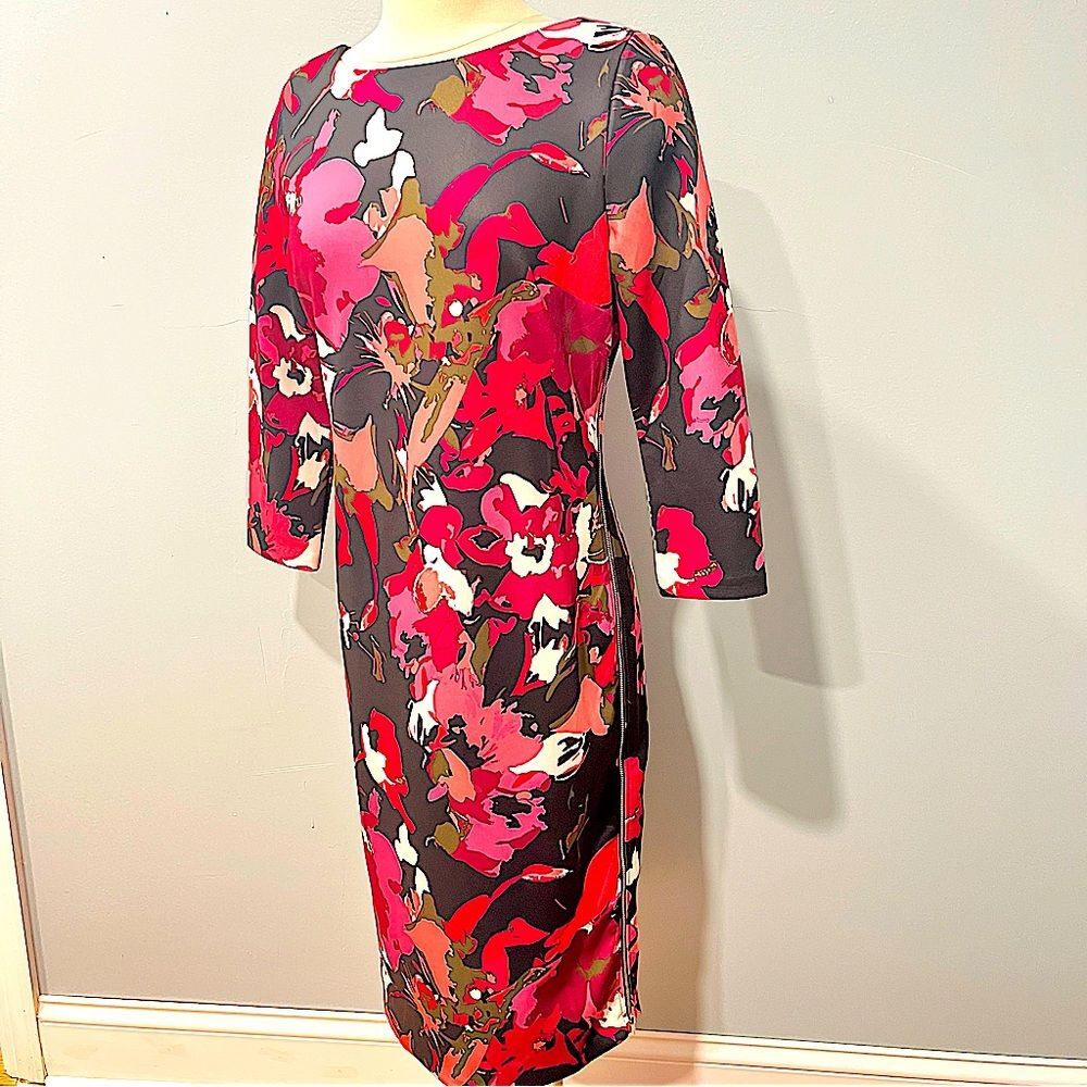 NWT Eci New York Black Purple Floral Print Scuba 3/4 Sleeve Midi Dress Size 8